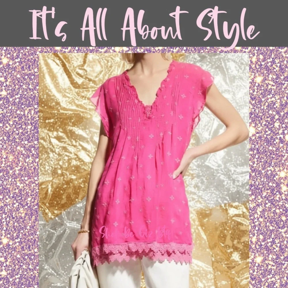 NWT Johnny Was Anthena Embroidery Bright Pink Tunic Tope Size Large